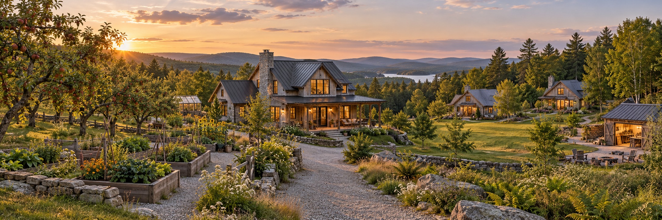 A golden countryside landscape with individually arranged homestead buildings and plants.
